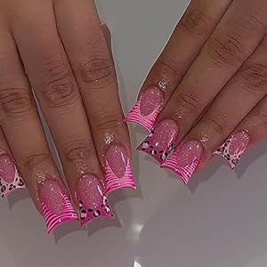 24 Pcs French Tip Press on Nails with Duckbill Designs Glossy Acrylic Fake Nails Full Cover Nude Pink False Nails Cute Duck Feet Leopard Design Long Glue on Nails Artificial Stick on Nails for Women