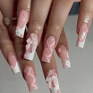 Long Square Press on Nails Glossy Pink Fake Nails with 3D Bow Flower Designs Cute Acrylic False Nail Kit White French Tip Press on Nails Reusable Artificial Nails Stick on Nails for Women, 24Pcs