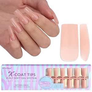 btartboxnails Long Square Gel Nail Tips - Pre Colored Soft Gel Nail Tips, Nude Peach Press on Nails, Natural XCOATTIPS Pre Applied Tip Primer, Gel Nails Press on