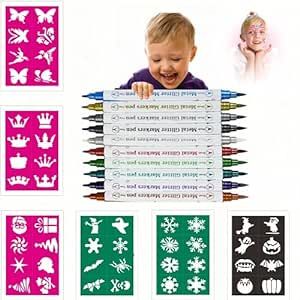 Temporary Tattoo Markers, Tattoo Kit for Kids 10 Body Markers + 48 Large Tattoo Stencils for Kids and Adults, Gifts for Teenagers Girls Boys Adults Halloween Christmas Birthday Gifts, tattoo marker