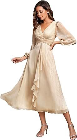 Ever-Pretty Women's Elegant A Line Ruched V Neck Long Sleeves Tea-Length Fall Wedding Guest Dresses 01977