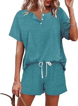 WIHOLL Two Piece Outfits for Women Lounge Sets Button Down Top and Shorts Set Sweatsuits with Pockets