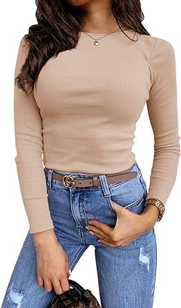 Lynwitkui Women's Long Sleeve Stretch Slim Fitted Ribbed T-Shirt Blouse Cut Out Solid Basic Tops
